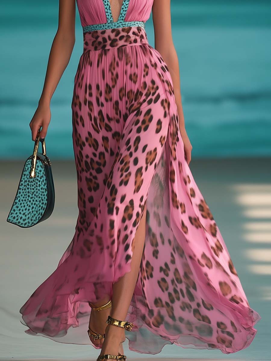 Vestido Maxi Leopardo Rosa