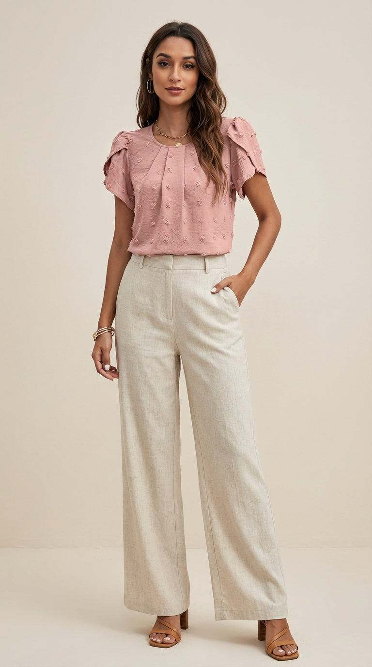 Blusa de tejido suizo con detalles florales en mangas