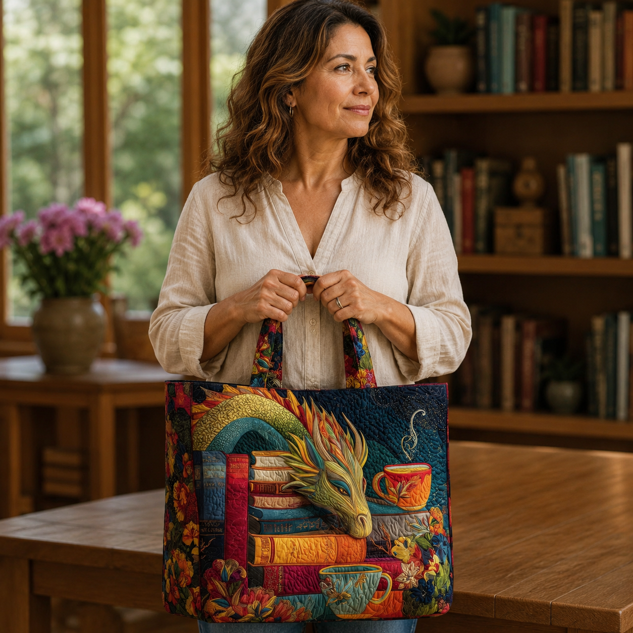 Bolso Artesanal | Dragón Leyendo Libros y Tazas