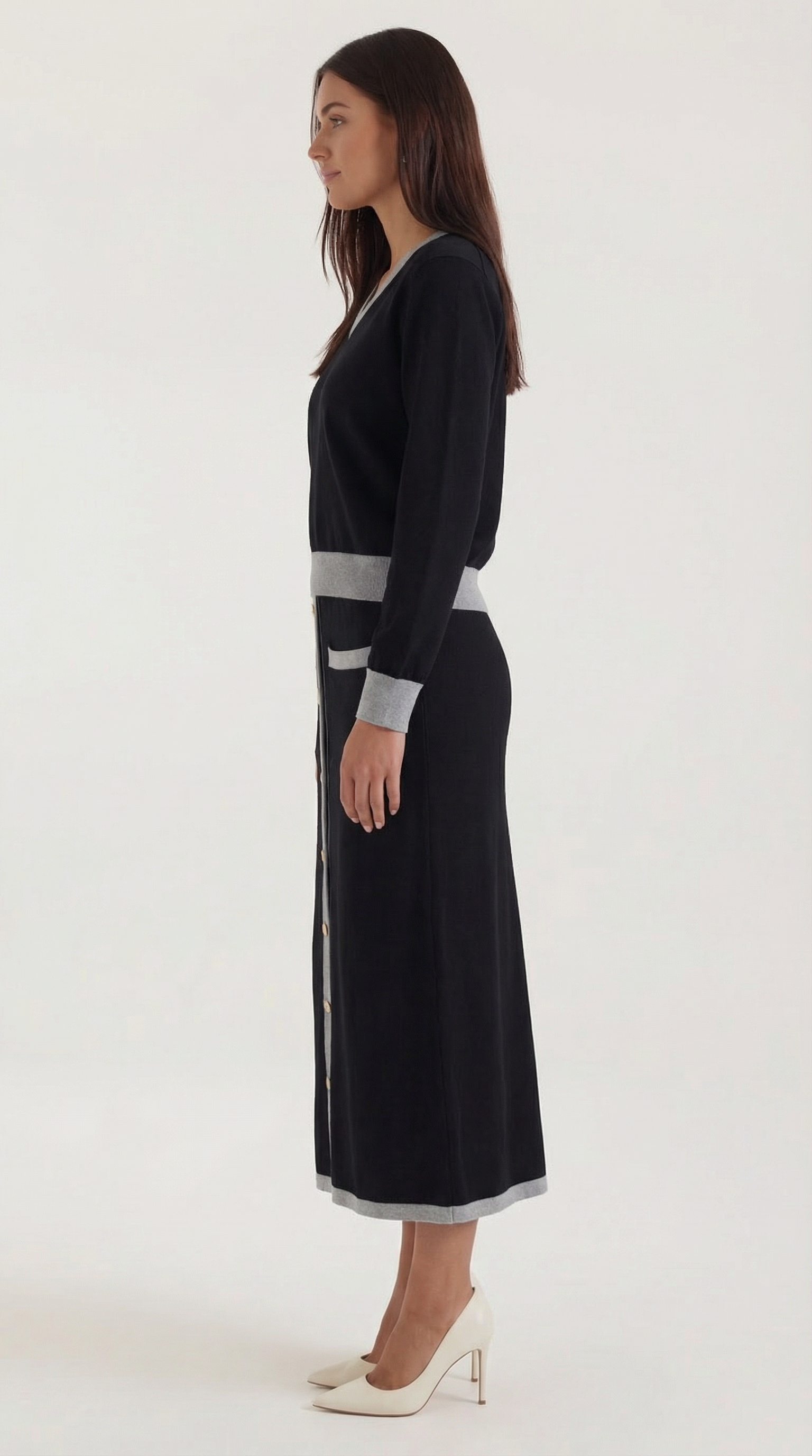 Conjunto de suéter con escote en V y falda midi fluida