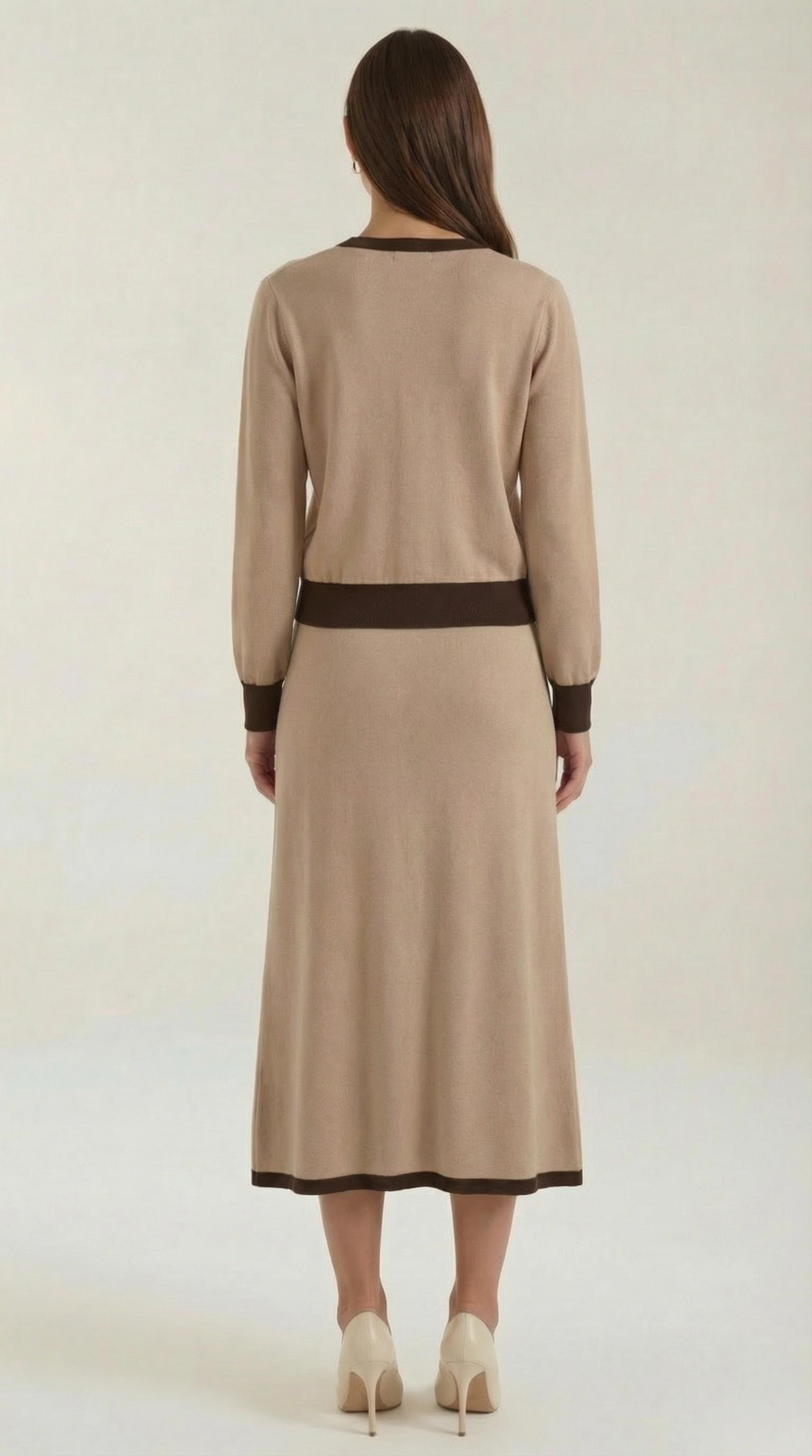 Conjunto de suéter con escote en V y falda midi fluida