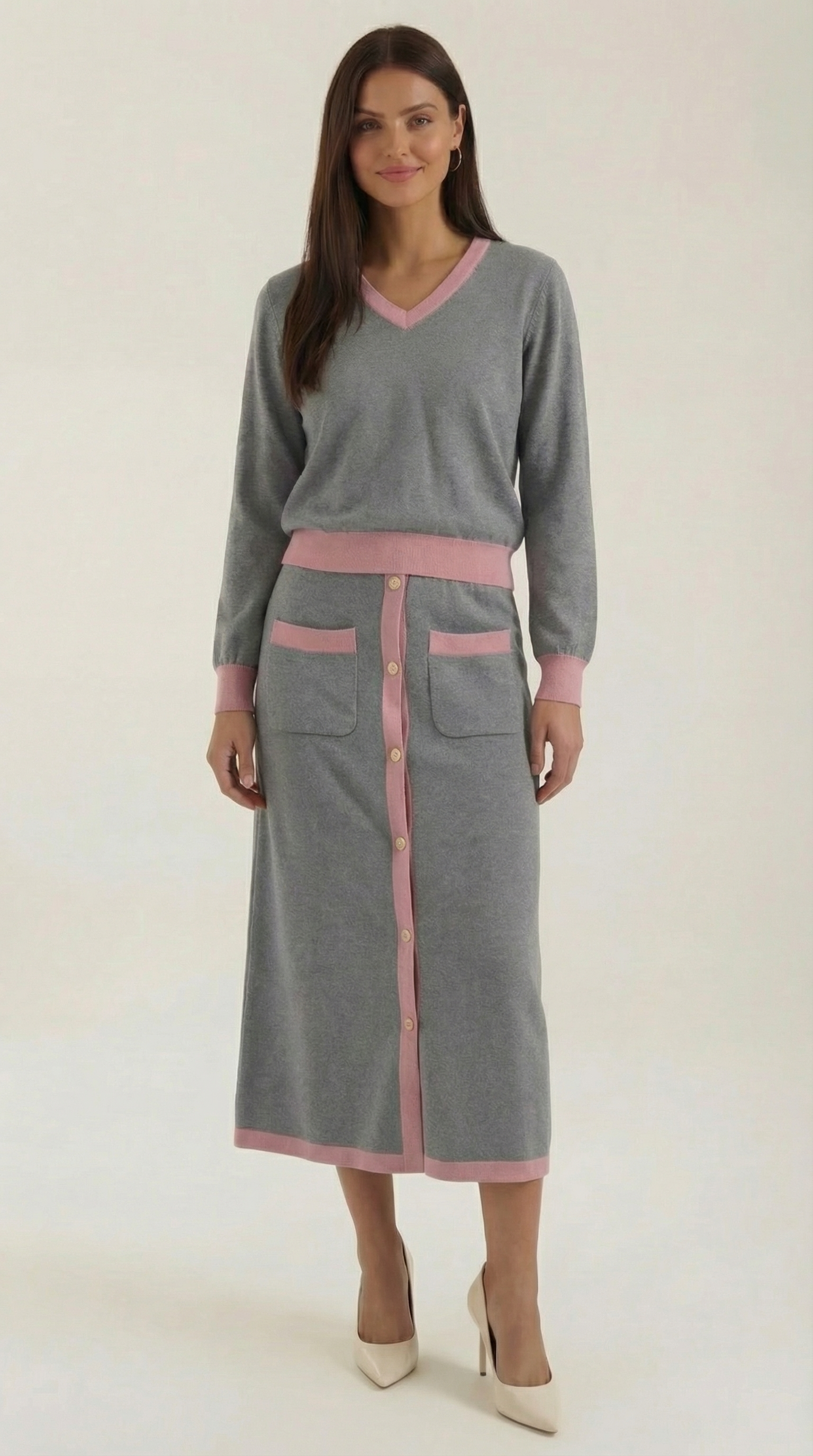 Conjunto de suéter con escote en V y falda midi fluida