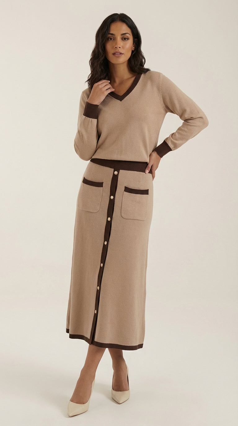 Conjunto de suéter con escote en V y falda midi fluida