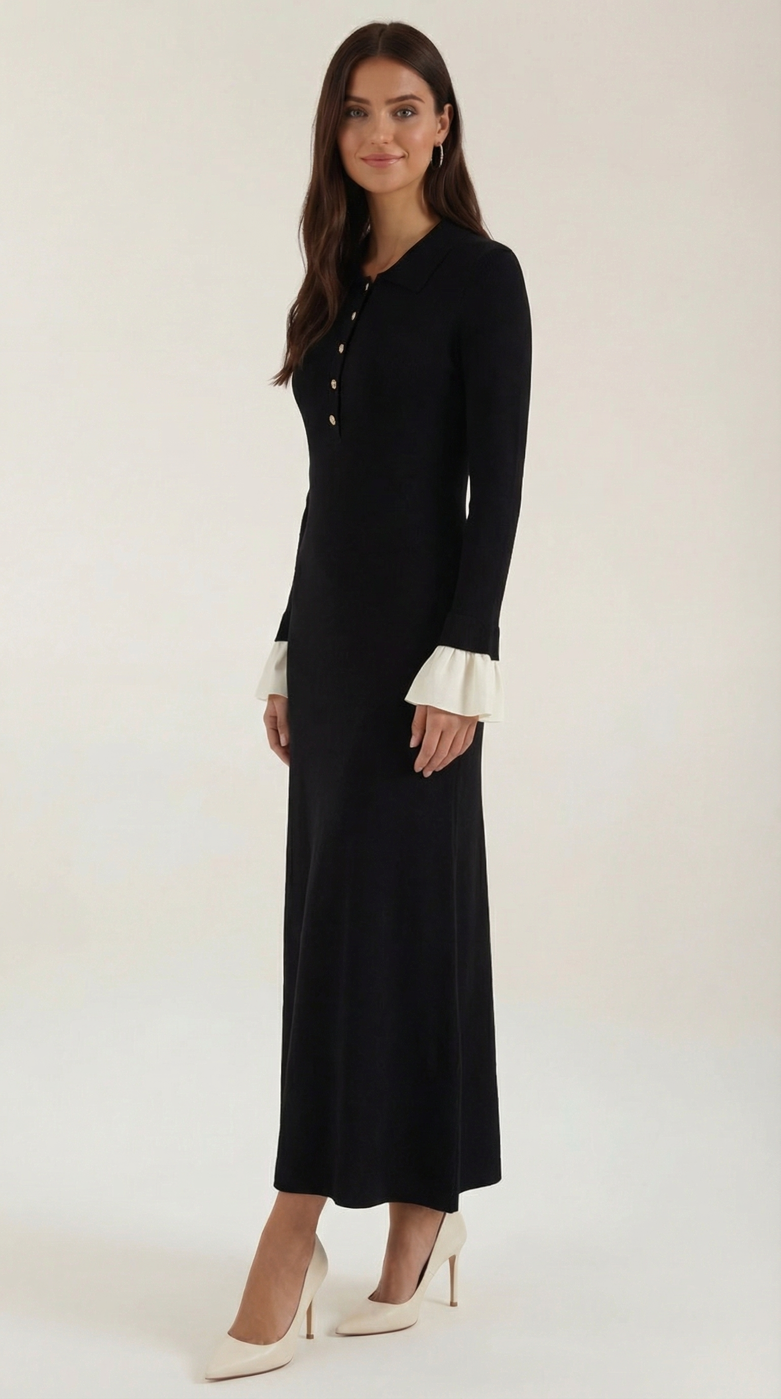 Vestido maxi de punto con puños en contraste