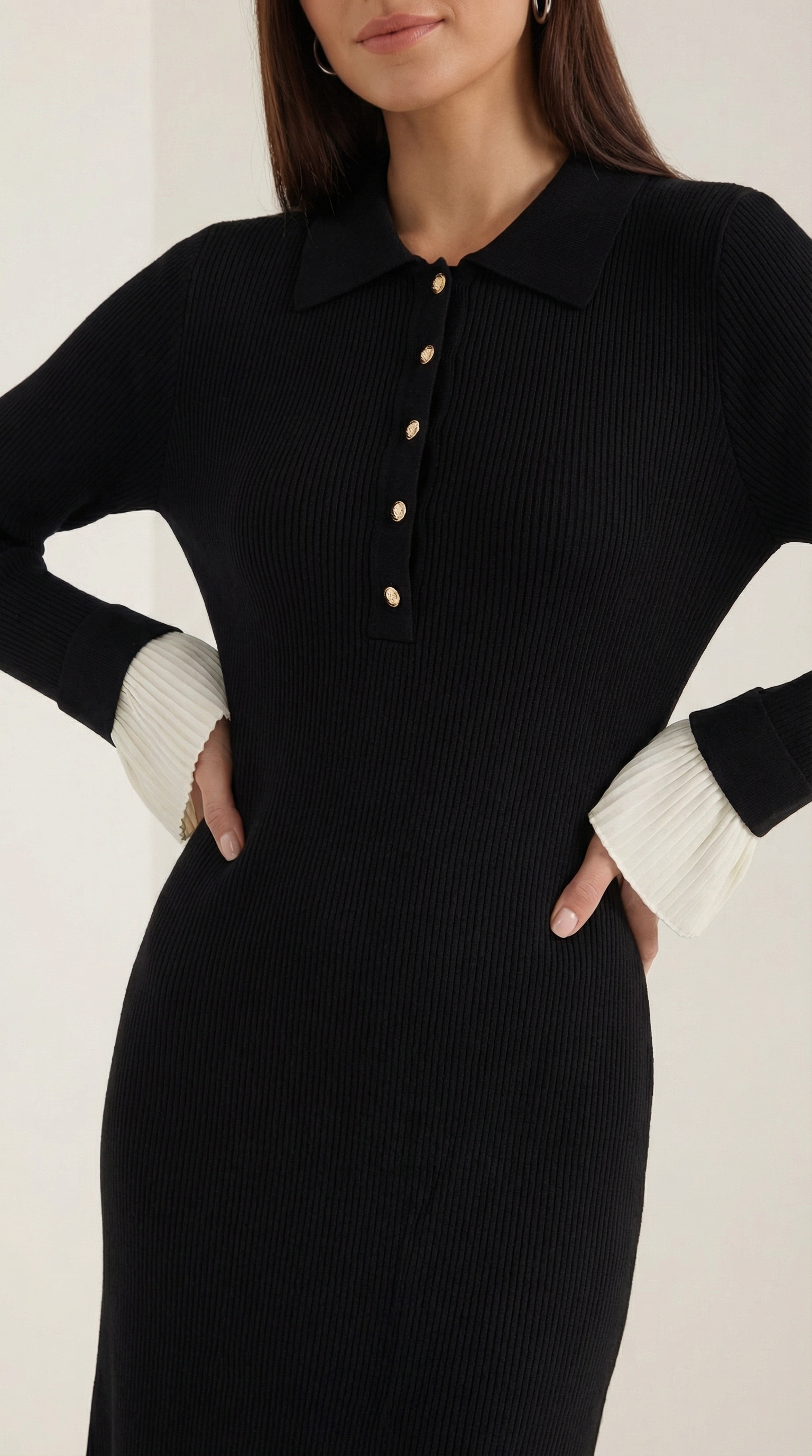 Vestido maxi de punto con puños en contraste