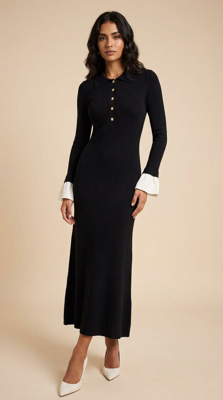 Vestido maxi de punto con puños en contraste