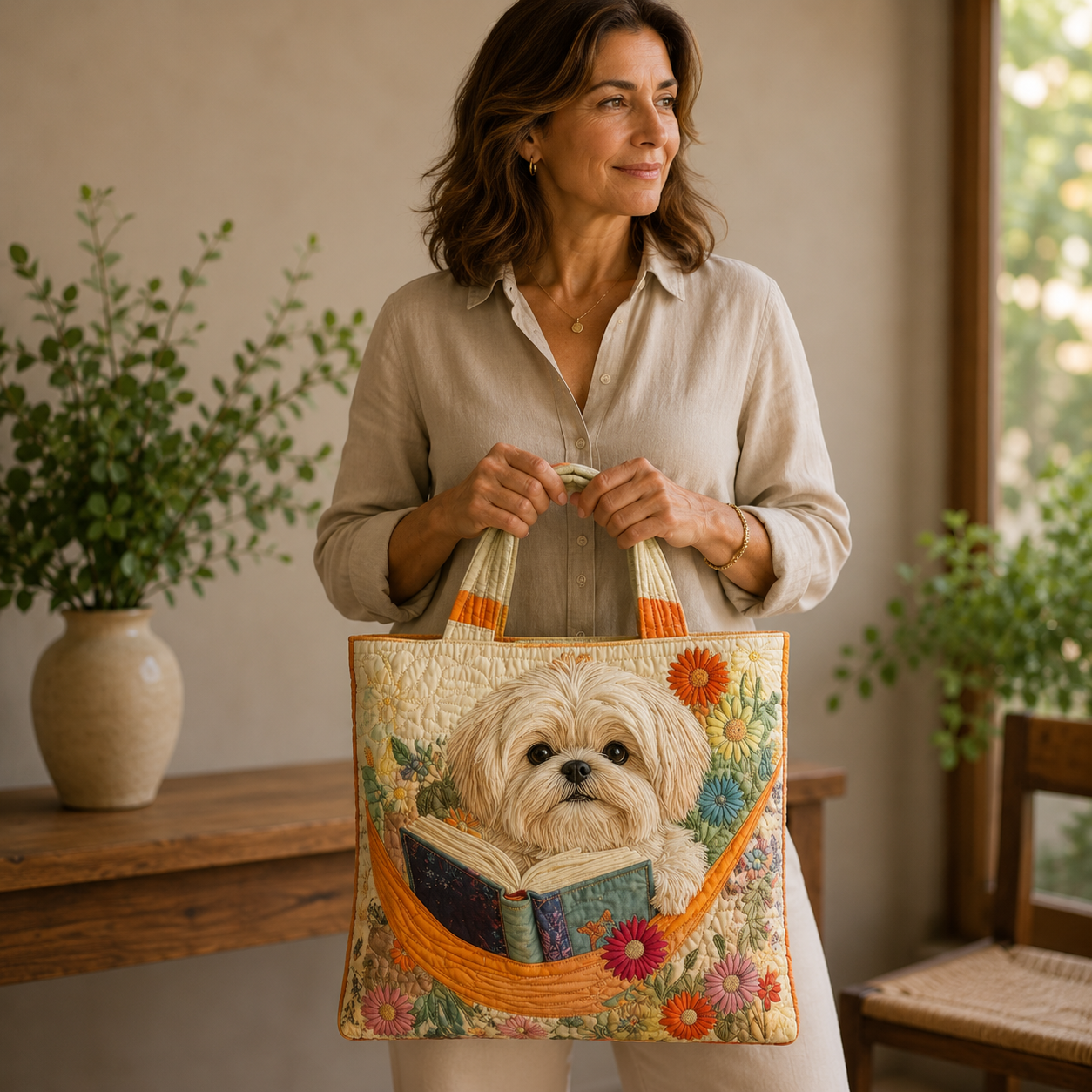 Bolso Artesanal | Shih Tzu con Libros y Flores