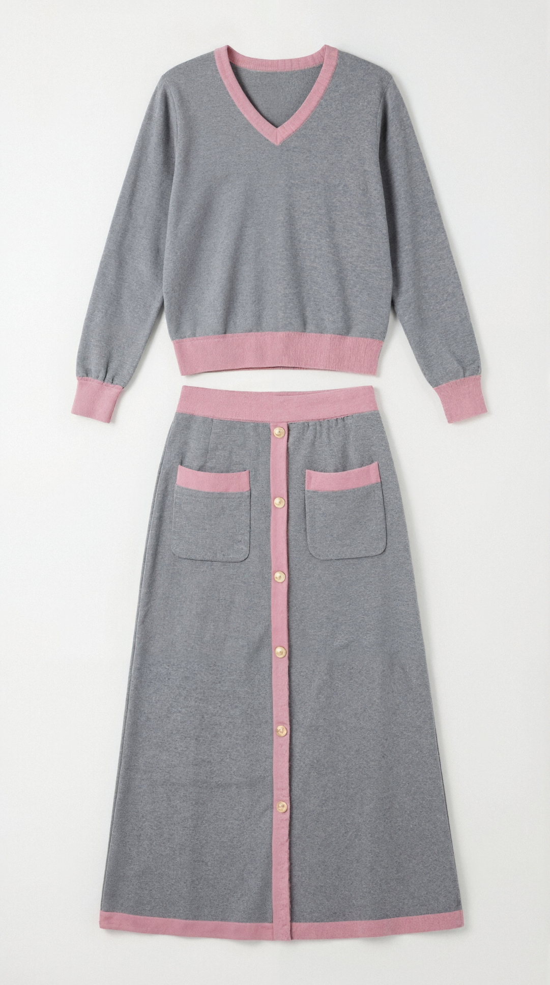 Conjunto de suéter con escote en V y falda midi fluida