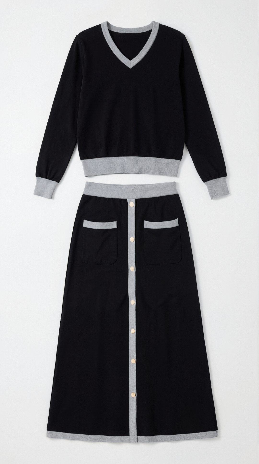 Conjunto de suéter con escote en V y falda midi fluida