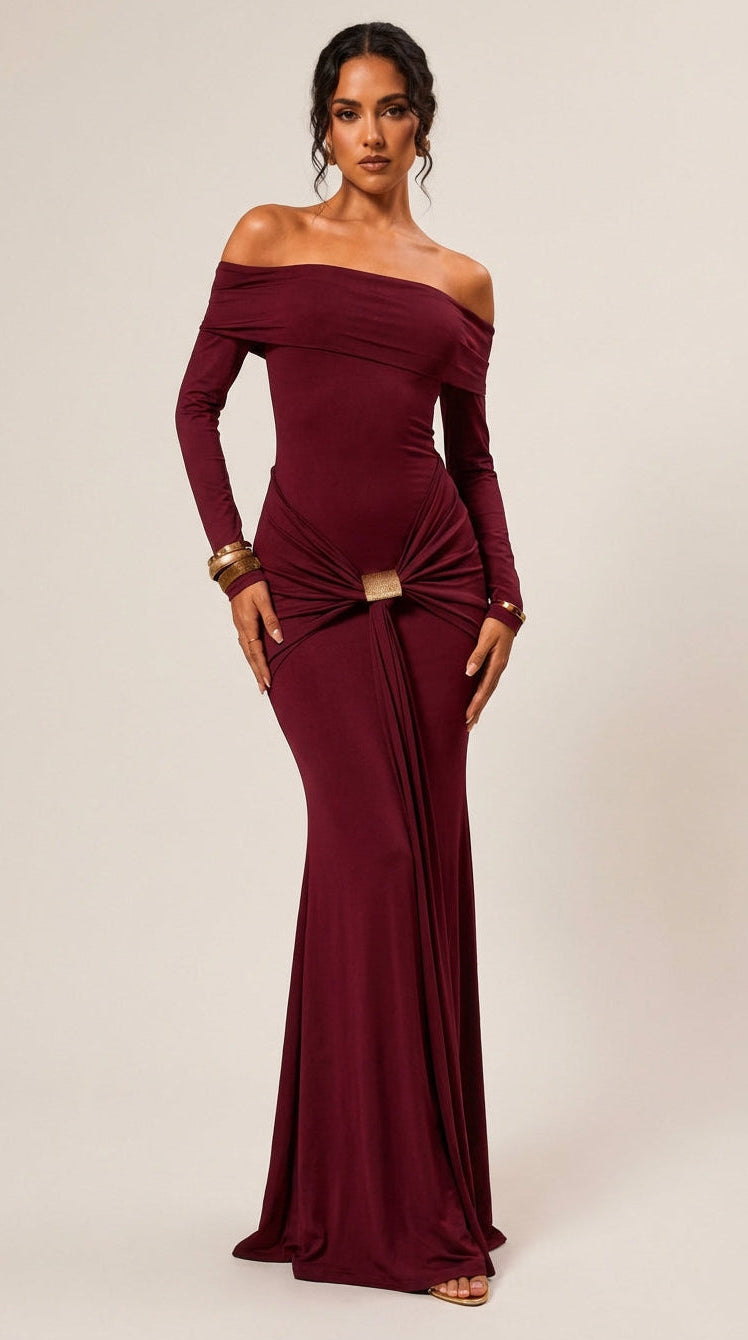 Vestido Largo Drapado con Detalle Central